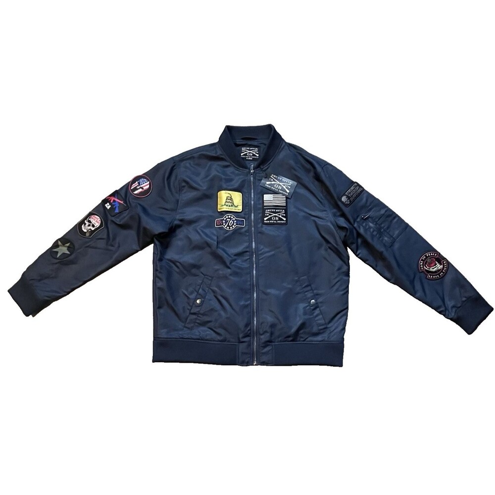 Grunt Style Bomber Jacket Mens XL Navy Full Zip Patriotic Military Patches *READ
